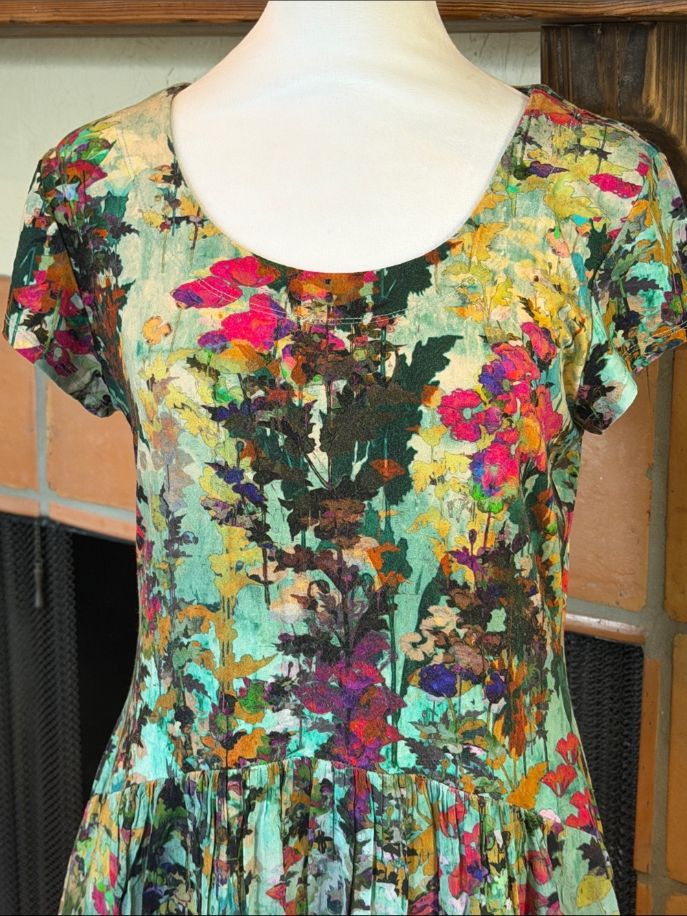 Peruvian Connection Teal Floral Short-Sleeve Scoop Dress with Pink Accents, sz M - Picture 2 of 9